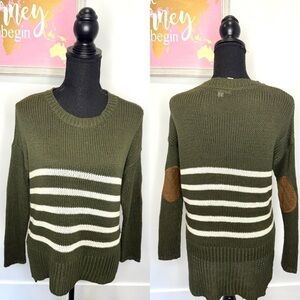 Alya Olive Green Elbow Patch Stripe Knit High-Lo Women’s Sweater (S)